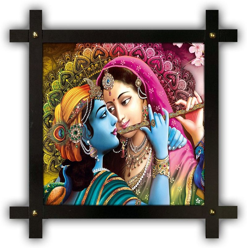 Poster N Frames Cross Wooden Frame Hand-Crafted with photo of Radha Krishna m-104 Digital Reprint 16.5 inch x 16.5 inch Painting  (With Frame)