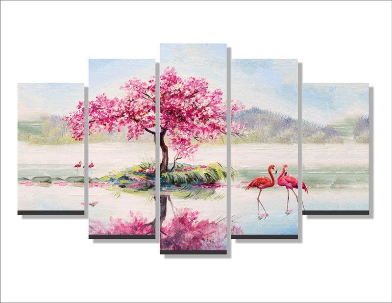 spdecals beautiful flamingo couple 5 Pieces Canvas Wall Painting For Home Canvas 30 inch x 24 inch Painting  (With Frame, Pack of 5)