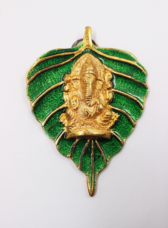 WORLDOFCRAFT Wall Hanging Lord Ganesh On Leaf Metal Idol Statue For Home Decorative Showpiece - 13 cm  (Metal, Green)