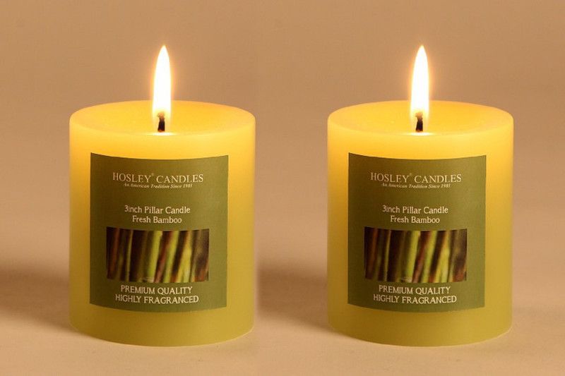 Hosley Set of 2 Fresh Bamboo 3Inchs Pillar Candles Candle  (Green, Pack of 2)