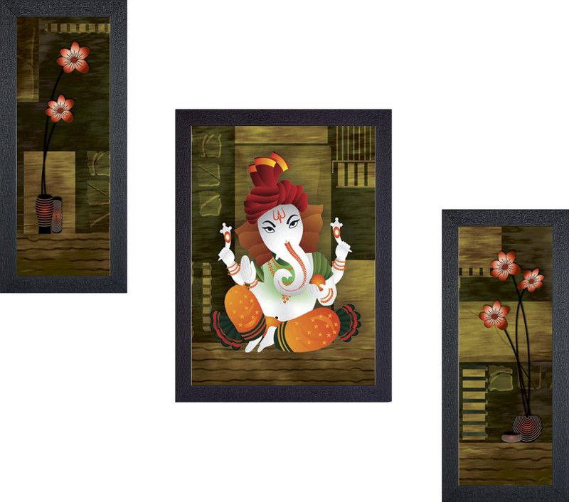 Masstone Lord Ganesha UV Matt textured Set of 3 Digital Reprint 13.5 inch x 22.5 inch Painting  (With Frame)