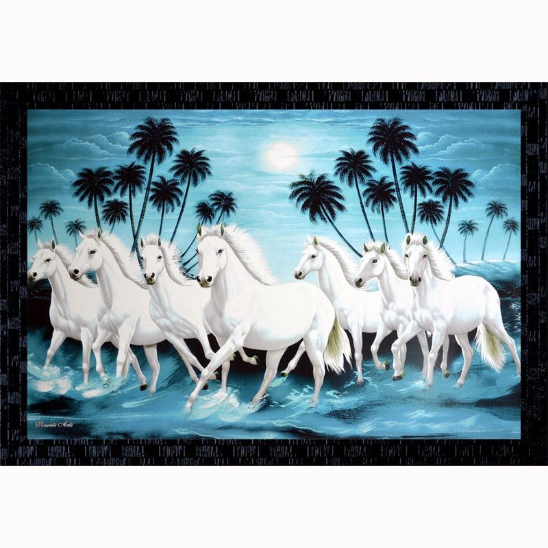 Janki Lucky Seven 7 White Running Horses Vastu Wall Painting Canvas 14 inch x 20 inch Painting  (With Frame)
