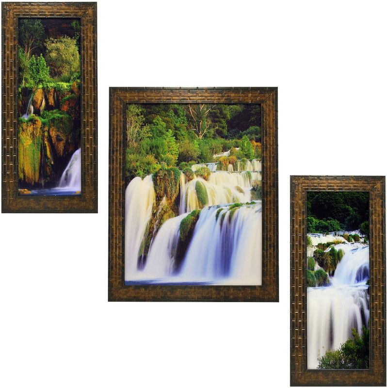 Indianara Waterfall Digital Reprint 13 inch x 22.2 inch Painting  (With Frame, Pack of 3)