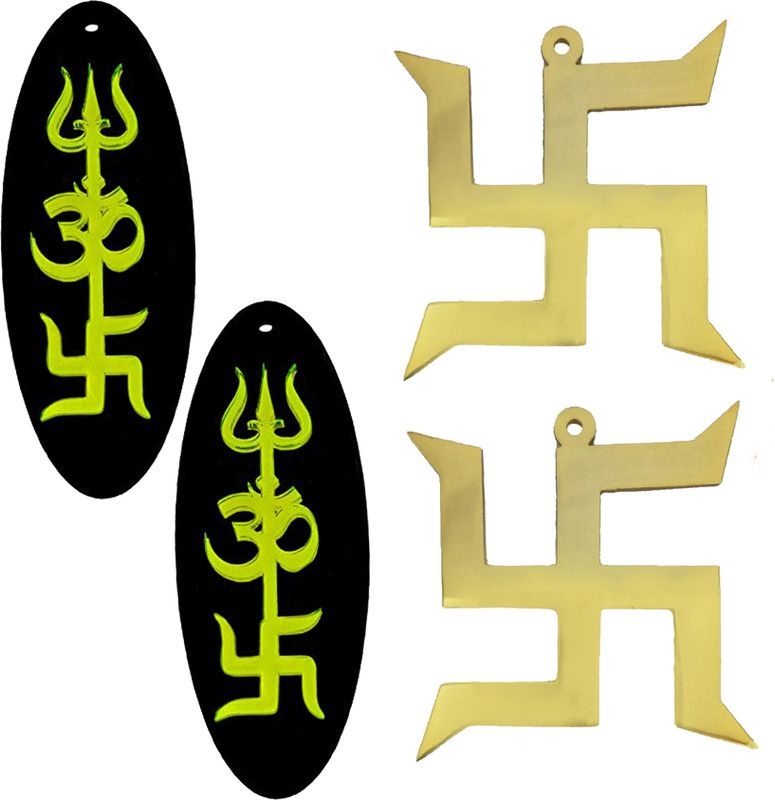 Divya Mantra Swastik Pure Brass Gold Hanging Trishakti Yantra Sri Shiva Trishul, Om Sign, Good Luck Charm Single Sided Green Home Wall Decor Pooja Items Vastu Car Decorative - Multi - Set of 4 Decorative Showpiece - 10 cm  (Plastic, Multicolor)
