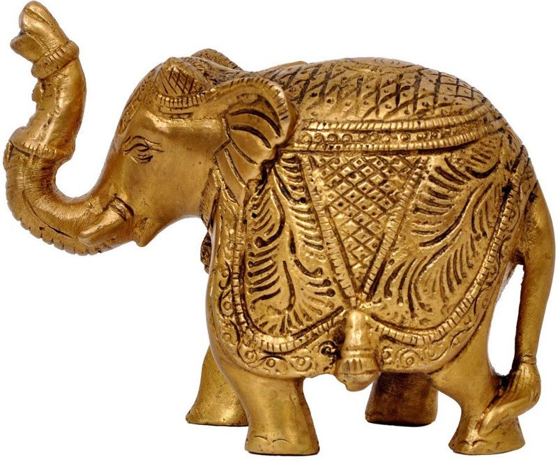 Aesthetic Decors ELEPHANT STANDING CARVED TRUNK UP Decorative Showpiece - 5 cm  (Brass, Gold)