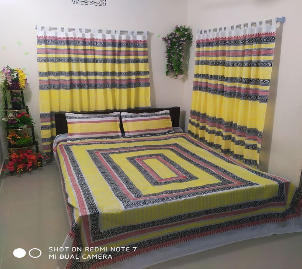King Size Cotton Multi colors  Block Printed Bed Sheet with Matching 2 Pillow Covers-34