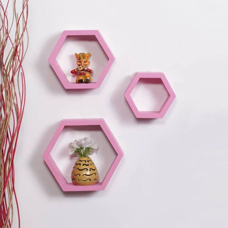 Eco Handicrafts home Decor Hexagon Shape Storage Wall Shelves MDF (Medium Density Fiber) Wall Shelf (Number of Shelves - 3, PINK ) Wooden Wall Shelf  (Number of Shelves - 3, Pink)