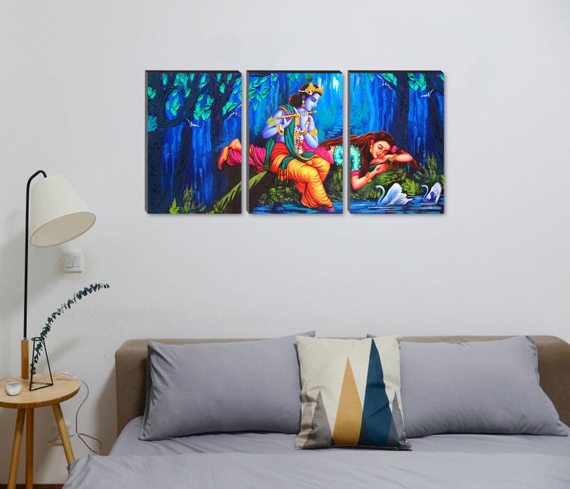 Masstone Radha Krishna Love Religious HD 3 Piece MDF Painting Digital Reprint 18 inch x 36 inch Painting  (With Frame, Pack of 3)