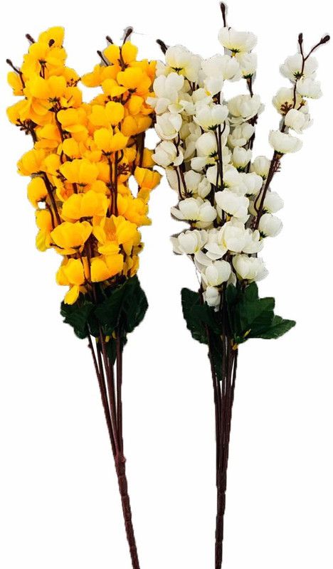Ryme Yellow, White Orchids Artificial Flower  (21 inch, Pack of 2, Flower Bunch)