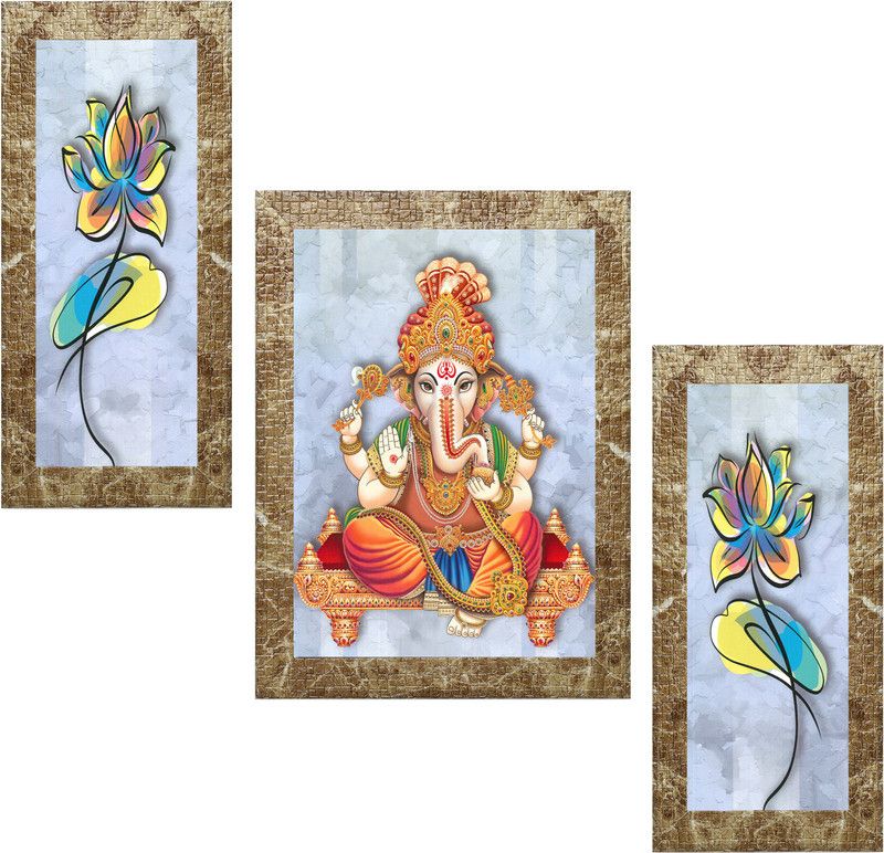 Indianara Set of 3 Lord Ganesha Framed Art Painting (3744MBR) without glass (6 X 13, 10.2 X 13, 6 X 13 INCH) Digital Reprint 13 inch x 10.2 inch Painting  (With Frame, Pack of 3)