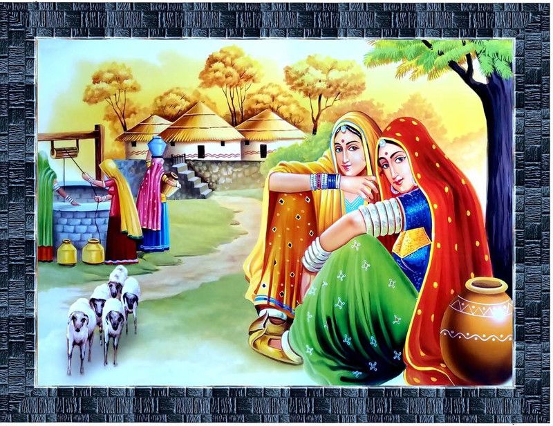 LiveArts Rajasthani Village View Digital Reprint 10.5 inch x 13.5 inch Painting  (With Frame)
