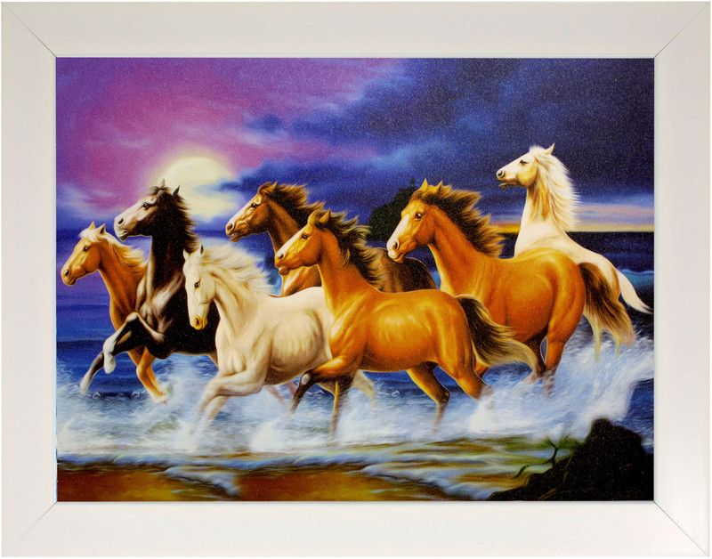 Indianara Vastu Seven Horses 2424 Digital Reprint 10.2 inch x 13 inch Painting  (With Frame)