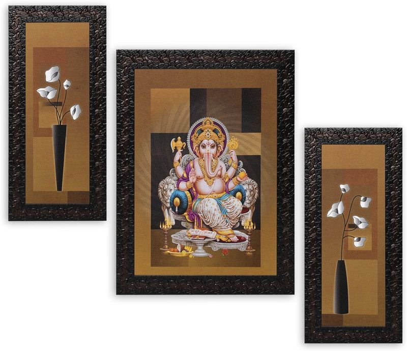 Indianara Set of 3 Lord Ganesha Painting (3018) Digital Reprint 13 inch x 22.2 inch Painting  (With Frame, Pack of 3)