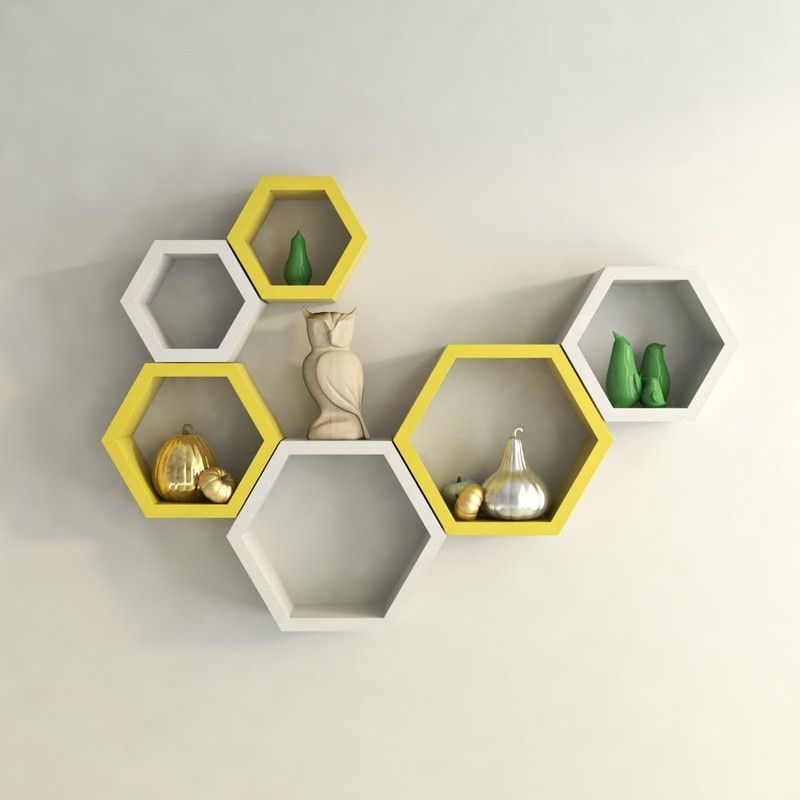 UNIQUE CRAFT HOUSE MDF Wall Mount Hexagon Floating Wall Shelf For Home & Living Decor - White & Yellow MDF (Medium Density Fiber), Wooden Wall Shelf  (Number of Shelves - 6, Yellow, White)
