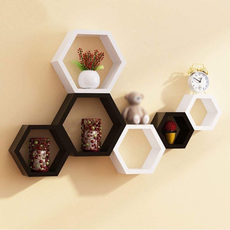 bharat furniture house Hexagon Wall Shelf Black & White Wooden Wall Shelf  (Number of Shelves - 6, Black, White)