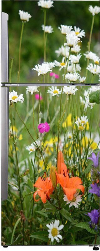 Advait Designs 60 cm Advait Designs Decorative white flower plants with violet and orange flower sticker for fridge sticker Self Adhesive Sticker  (Pack of 1)