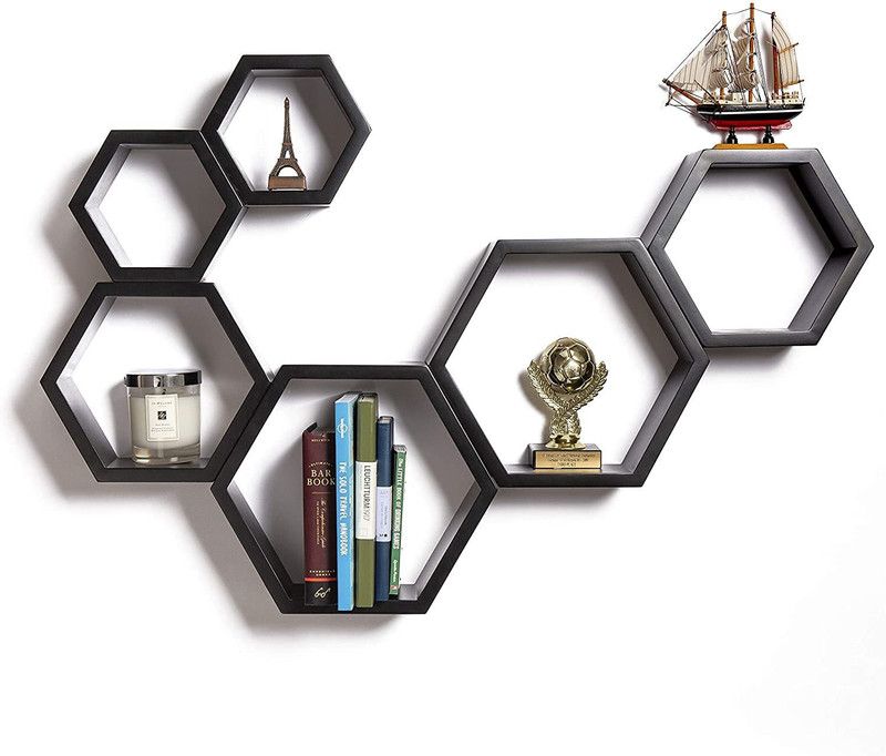 DESIGN MART Hexagonal Shape Floating Wall Mounted Shelf for Living Room | Bed Room | Kitchen | Home Decoration Set of 6 (Black) MDF (Medium Density Fiber) Wall Shelf  (Number of Shelves - 6, Black)