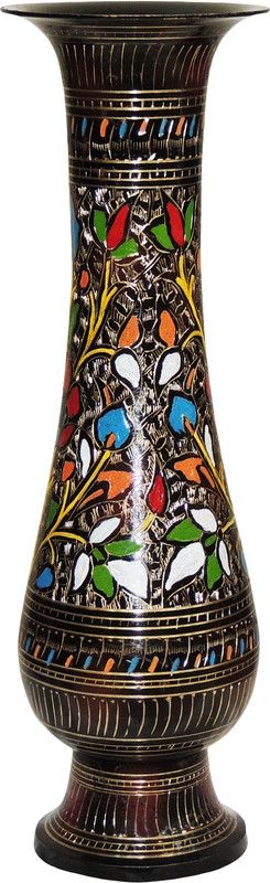 Brass Gift Center Brass Flower pot with Handwork Brass Vase  (13 inch, Multicolor)