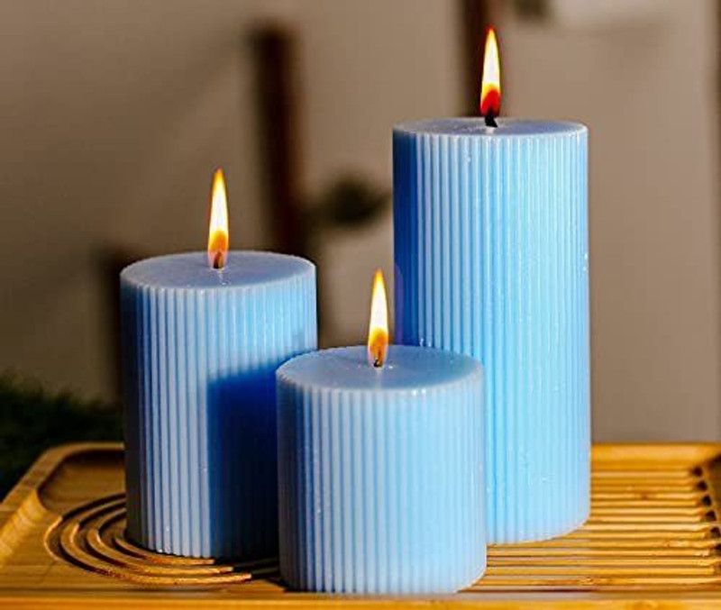 Floryn decor Premium Ribbed Scented Pillar Candles for Home Decor | Scented Candles Gift Set of 3 | Scented Candles for Home Decor | Size- Full 3by3, 3by4 & 3by6 inches (Obreeze) Candle  (Purple, Pack of 3)
