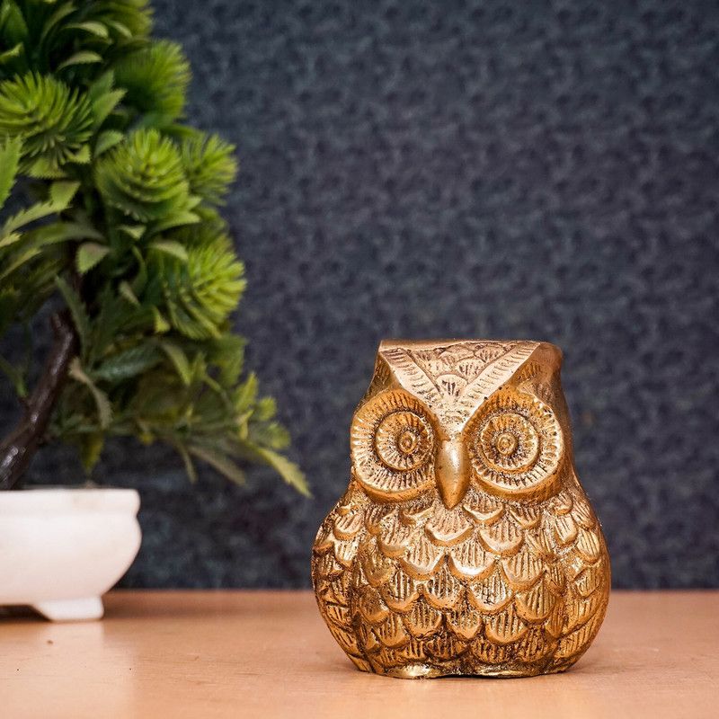 StatueStudio Feng Shui Owl Statue Beautiful Owl for Vastu, Good Luck and Home Decor Gift Decorative Showpiece - 7.62 cm  (Brass, Gold)