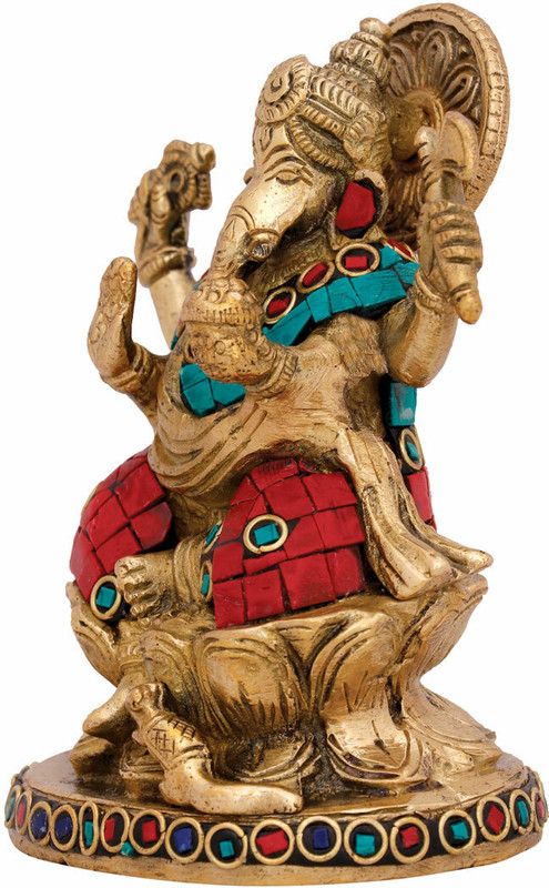 StatueStudio Ganesha Statue Ganesh Murti Ganpati Idol for Home Decor, Diwali & New Year Gift Decorative Showpiece - 8.9 cm  (Brass, Multicolor)