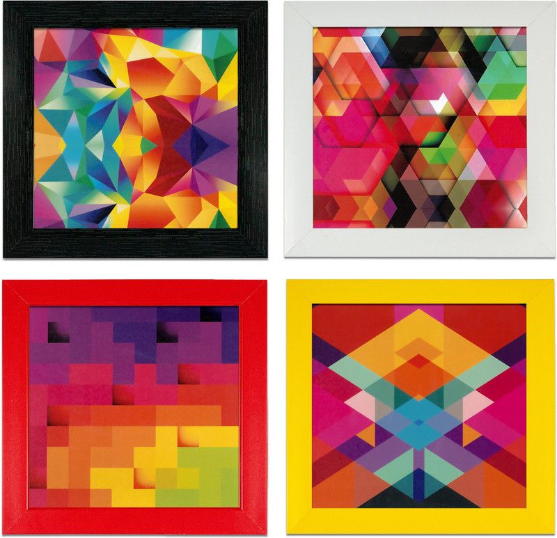 Indianara Set of 4 Abstract Framed Wall Hanging Laminated Paintings Matt Art Prints 9.5 inch x 9.5 inch each without Glass (1167MC) Digital Reprint 19 inch x 19 inch Painting  (With Frame, Pack of 4)