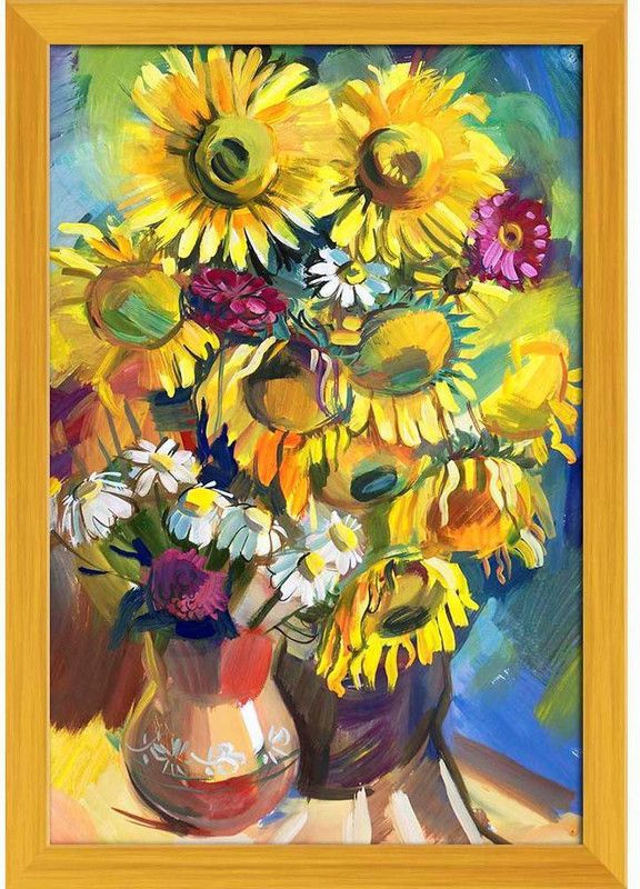 Sunflower D6 Paper Poster Golden Frame | Top Acrylic Glass 13inch x 19inch (33cms x 48.3cms) Paper Print  (19 inch X 13 inch, Framed)