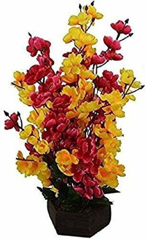 WhiteAsh Blossomredyellow01 Yellow Orchids Artificial Flower with Pot  (14 inch, Pack of 10, Flower with Basket)