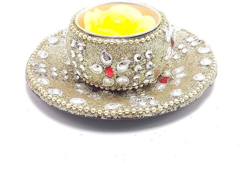 newebit Fancy Tea-Lights with Plate, Beautiful Traditional Rajasthani Laakh & Stone work, for Diwali Diwali decoration and festive season (Multi Colour - Set of 4) Candle  (Multicolor, Pack of 4)