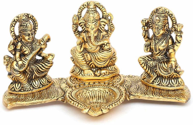 Sushil handicraft Brass Laxmi Ganesh Saraswati Idol Showpiece Oil Lamp | Diya | Deepak | Deepam | Metal Statue Sculpture (Weight: 500g, Gold) Decorative Showpiece - 5.1 cm  (Metal, Gold)