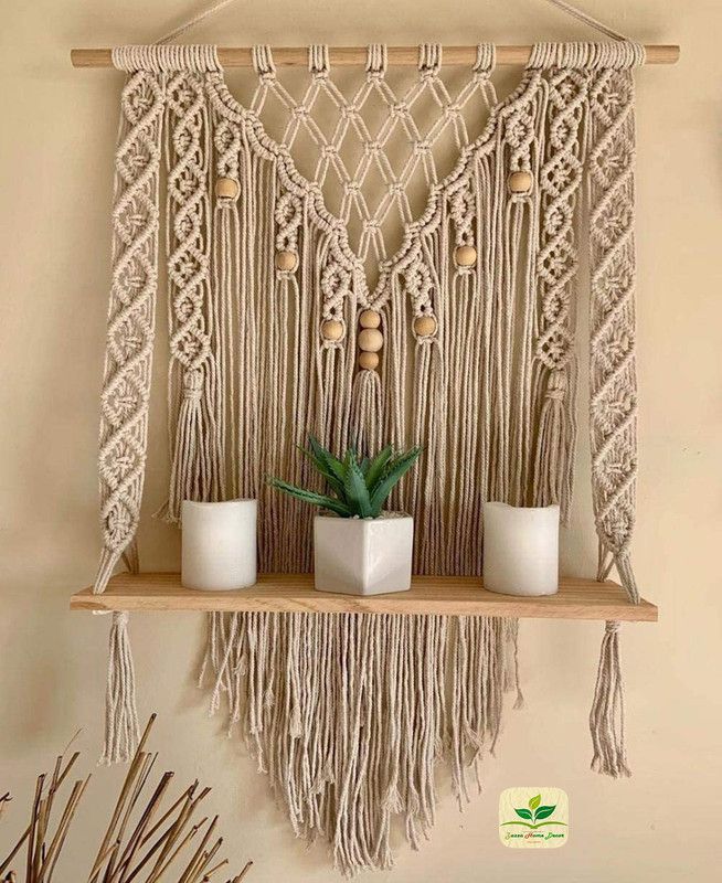 zazza home decor Macrame Wooden Handmade Macrame Wall Hanging Rope Shelf Tapestry Hanging Planter Floating Shelf Home Storage Organizer 15.75 Inch&23.6 Inch Wooden Wall Shelf  (Number of Shelves - 1, Beige)