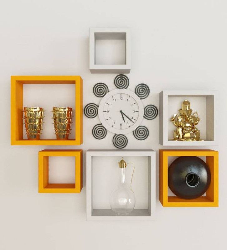 ArtfulCrafts Wooden Square Shape Wall Shelf (Number Of Shelf 6 Yellow, White) Wood Wall Shelf  (Number of Shelves - 6, Yellow, White)