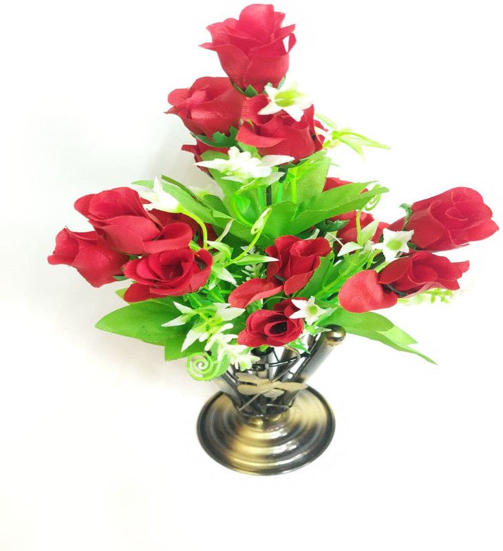 artificial hub Rose Lilies Flower with iron vase Red Rose Artificial Flower with Pot  (15 inch, Pack of 1, Flower with Basket)