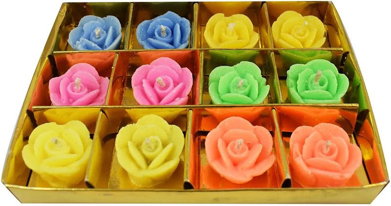 SHAKH Multi Flower Shape Wax Candles Floating Tea Light Candles for Diwali Decoration Candle  (Multicolor, Pack of 12)