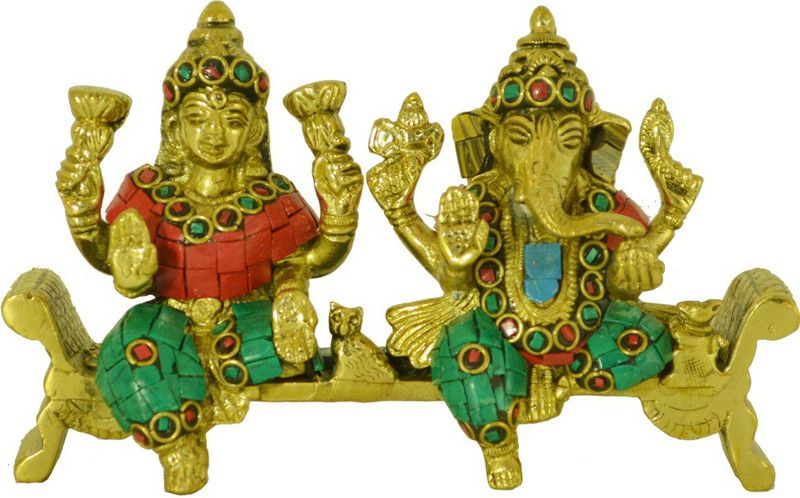 Santarms Brass Laxmi Ganesh with multicolor stones sitting on Chowki Decorative Showpiece - 10 cm  (Brass, Multicolor)