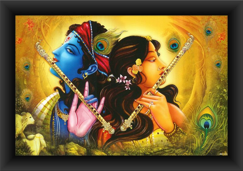 Poylaamo Radha Krishna Wall Painting with Frame Digital Reprint 14 inch x 20 inch Painting  (With Frame)