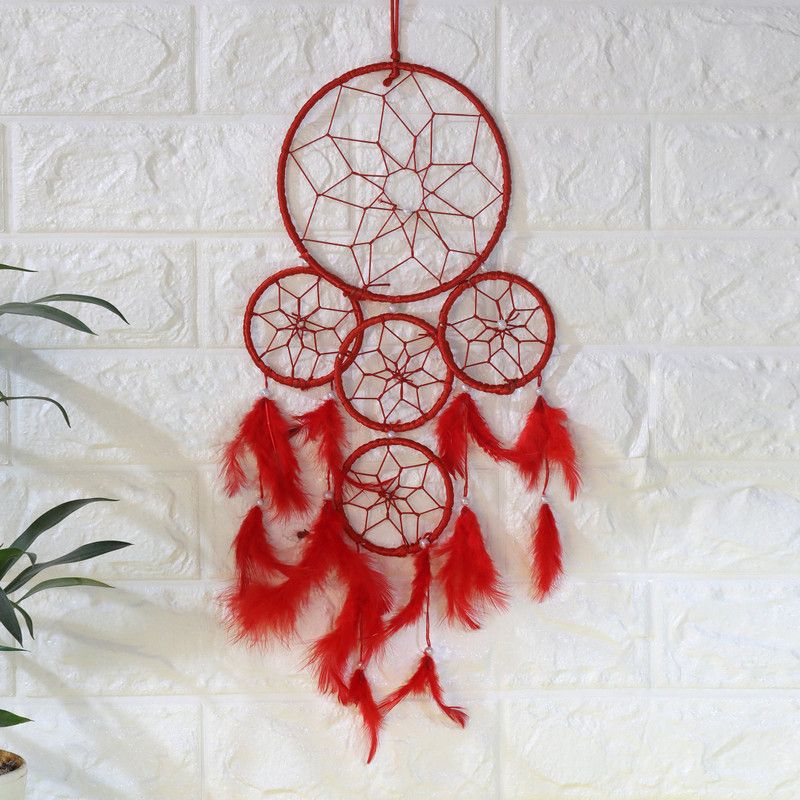 Ryme Red Color 5 Rings Dream Catcher attracts Positive Dreams with Colorful Feather for Home/Office Decorative Showpiece - 7 cm  (Brass, Red)