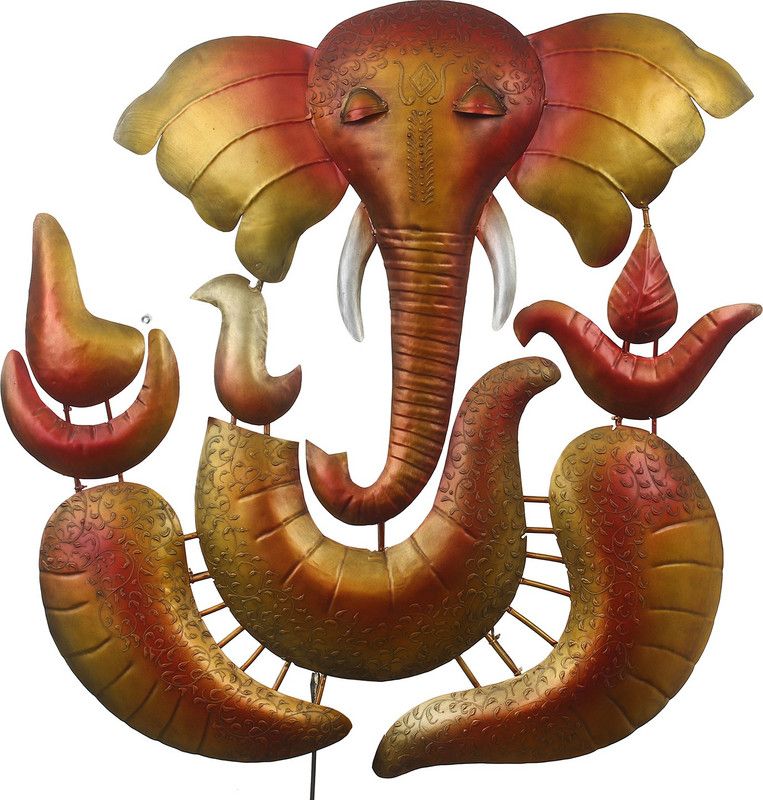 eCraftIndia Decorative Lord Ganesha Handcrafted Iron Wall Hanging with background LED's Decorative Showpiece - 68 cm  (Iron, Brown, Orange, Gold)