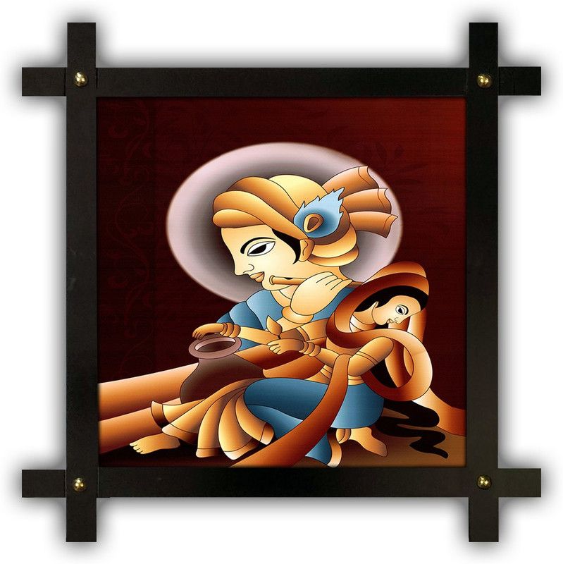 Poster N Frames Cross Wooden Frame Hand-Crafted with photo of Radha Krishna 17484 Digital Reprint 16.5 inch x 16.5 inch Painting  (With Frame)