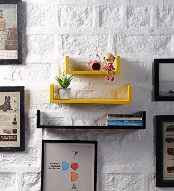 ONLINECRAFTS wooden wall shelf Wooden Wall Shelf  (Number of Shelves - 3, Black, Yellow)