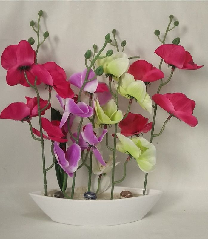 KAYKON Melamine Boat Multicolor Orchids Artificial Flower with Pot  (8 inch, Pack of 1, Flower with Basket)