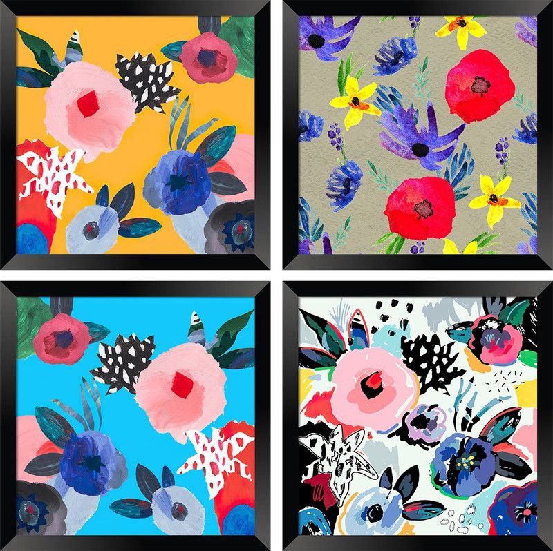DBrush Set of 4 Floral Wall décor art Hard Lamination Artwork Flower paintings Decorative gift Item For Office Home Digital Reprint 24 inch x 24 inch Painting  (With Frame, Pack of 4)