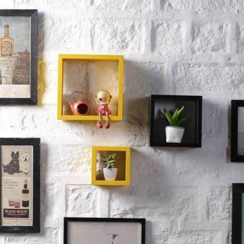 Best Quality Best Quality Square Shelf MDf Wall Shelf Set Of 3 Package of 1 ( Demister Fiber Wall Shelf MDF (Medium Density Fiber) Wall Shelf  (Number of Shelves - 3, Yellow, Black)