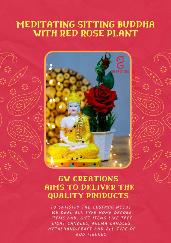 GW Creations Beautiful Meditating Lord Gautam Buddha With Red Rose Plant Decorative Showpiece - 23 cm  (Marble, Yellow)
