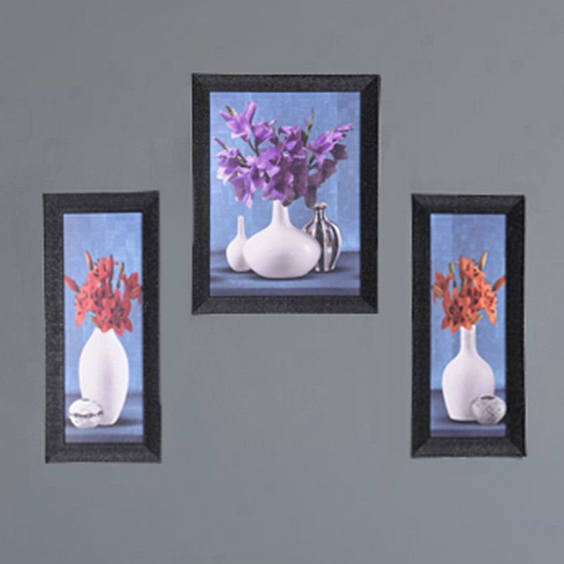 Bhushan Décor Digital Reprint Floral pot Painting Frame Bedroom, Living Room, Office,Hall,Kids Room 13x22 (In) (Pack OF 3 ) (Blue) Digital Reprint 22 inch x 13 inch Painting  (With Frame, Pack of 3)