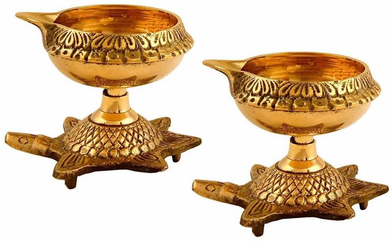 RUDRANSH Brass Golden Kachua Kuber Diya/Tortoise Design Deepak/Oil Lamp Diya for Home Brass (Pack of 2) Table Diya Set  (Height: 1.5 inch)