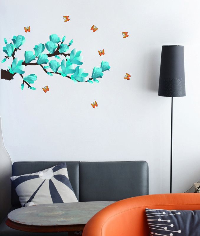 sp decals 55 cm beautiful decorative flowers tree with flying butterflies wall sticker Self Adhesive Sticker  (Pack of 1)
