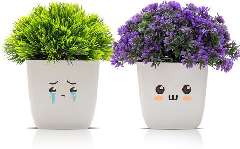 Amputive Artificial Faux Plant Cute Bushy Shrub Topiary Shrub with Lovely Face Pots for Home/Office Decoration-Set of 2-AH28 Purple, Green, White Cherry Blossom Artificial Flower with Pot  (4.7 inch, Pack of 2, Flower Bunch)