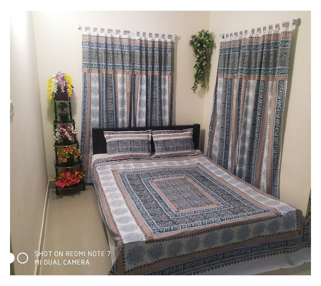King Size Cotton Multi colors  Block Printed Bed Sheet with Matching 2 Pillow Covers-36