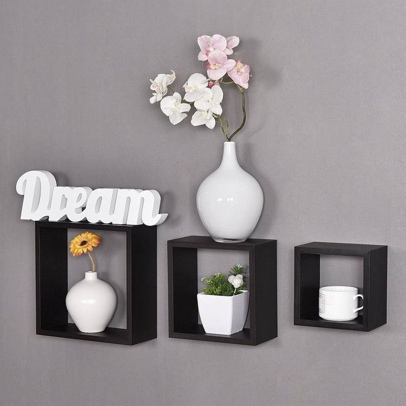 M S Handicraft wooden wall Decor shelf home decoration rack Wooden Wall Shelf  (Number of Shelves - 3, Black)